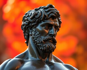 This striking bronze statue of Hercules stands tall against a backdrop of colorful autumn leaves, highlighting the blend of nature and classical art in an outdoor setting