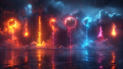 Produce a neon set of weather warning symbols, including shimmering