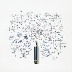 A detailed sketch of scientific equations and diagrams with a classic pen, representing the beauty of mathematical thought.