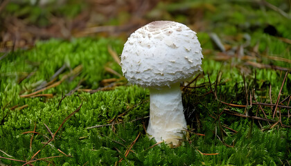 White mushroom nestled among verdant moss, pine needles scattered nearby in lush forest understory
