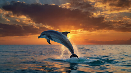 Fototapeta premium Ocean Sunset with Dolphin Jumping
