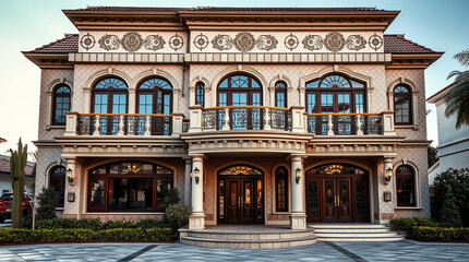 Obraz premium A large, two-story beige house with ornate detailing, arched windows and doors, balconies, and a symmetrical facade. Landscaping is visible in front.