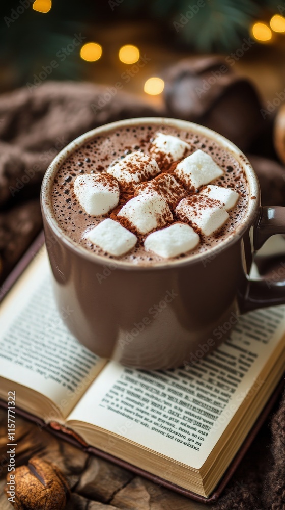 Wall mural Warm chocolate drink served in a cozy setting on an open book