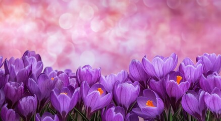 Photo of a bouquet of purple crocuses on a pink background, with copy space for text. Web banner showing the delicate petals and bright colors of spring flowers, in a pastel color palette