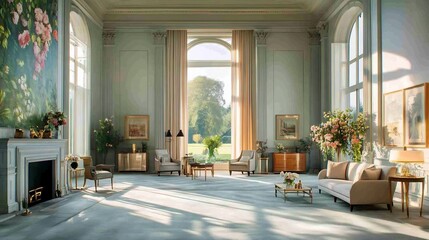 Fototapeta premium Serene Sunlight Streams Through Grand Room: Wide Shot Photo. AI Generated