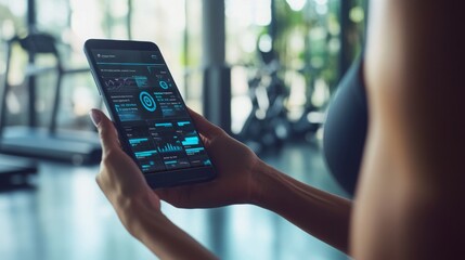 Person in Gym Holding Smartphone Displaying Advanced Fitness Metrics and Data Analytics in Modern Training Environment with Exercise Equipment in Background