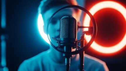 Young man in stylish outfit singing into a microphone with colorful neon lights in the background,...