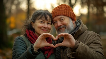 Obraz premium lovely couple making a heart shape with their hands, outdoors in a park. Close-up view of a middle-aged man and woman showing a love sign to the camera, a Valentine's Day concept
