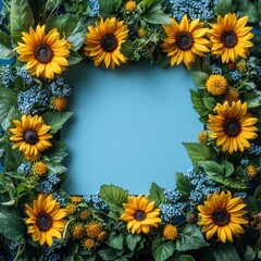 A floral frame of sunflowers and blue flowers on a blue background.