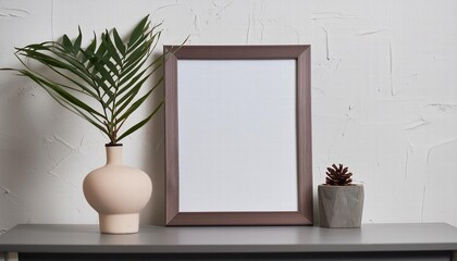 Elegant Empty Horizontal Frame Mockup in a Modern Minimalist Interior Featuring a Stylish Plant in a Trendy Vase on a White Background for Creative Display and Design Projects