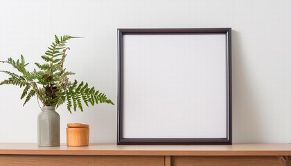 Empty Horizontal Frame Mockup in Modern Minimalist Interior Featuring a Stylish Plant in a Trendy Vase on White Background Perfect for Art, Photography, and Design Presentations