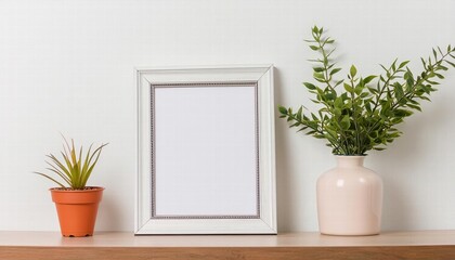 Empty Horizontal Frame Mockup in a Modern Minimalist Interior Featuring a Stylish Plant in a Trendy Vase on a White Background Perfect for Artwork and Design Presentations