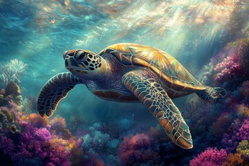 Obraz premium Vibrant sea turtle swimming through colorful coral reef in crystal clear waters of tropical ocean
