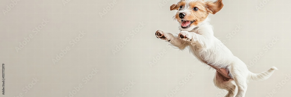 Aufkleber Joyful puppy jumping in mid air with room for text and mock up applications. Generative AI