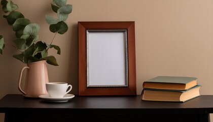 Elegant Empty Wooden Picture Frame Poster Mockup Hanging on a Soft Beige Wall with a Stylish Green Vase, Perfect for Showcasing Your Artwork or Photography in a Cozy Interior Setting