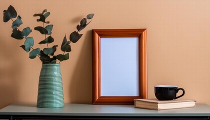 Elegant Empty Wooden Picture Frame Mockup on Beige Wall with Decorative Vase Perfect for Showcasing Your Art, Photos, or Posters in a Stylish Home Setting