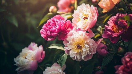 Antique wallpaper of colorful peonies. Rococo style and chiaroscuro lighting.