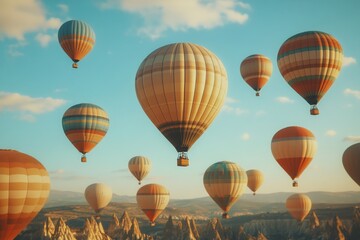 Obraz premium Colorful hot air balloons soaring over a picturesque landscape during a clear day