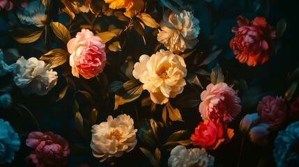 Antique wallpaper of colorful peonies. Rococo style and chiaroscuro lighting.