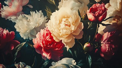 Antique wallpaper of colorful peonies. Rococo style and chiaroscuro lighting.