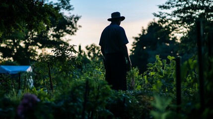 A gardeners silhouette against the backdrop of a lush