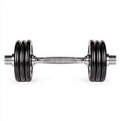Naklejka premium A shiny black dumbbell resting on a white background, perfect for fitness and weightlifting themed projects and promotions.
