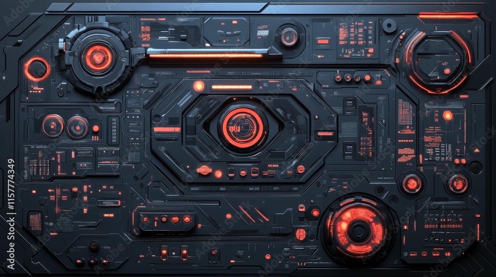 Poster futuristic sci fi control panel with glowing red lights.