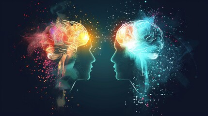 A futuristic abstract illustration of two human profiles with illuminated brains connected by vibrant colors, symbolizing creativity, collaboration, and innovation.