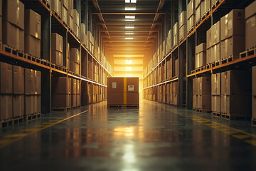 Fototapeta premium A large warehouse filled with lots of boxes on shelves
