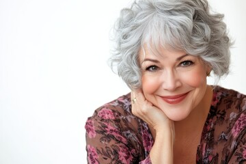 Fototapeta premium Senior woman with gray hair smiling at the camera against a white background, with copy space for a text banner. Smiling mature female portrait