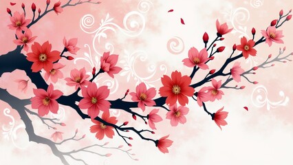 Naklejka premium The image is a digital illustration of a branch of a tree with pink flowers. The branch is black and has multiple branches with small red flowers and buds.