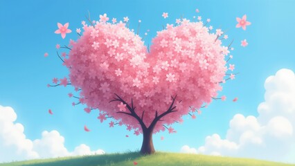 The image is a digital illustration of a tree with a heart-shaped canopy of pink flowers. The tree is standing on a grassy hill with a blue sky and white clouds in the background.