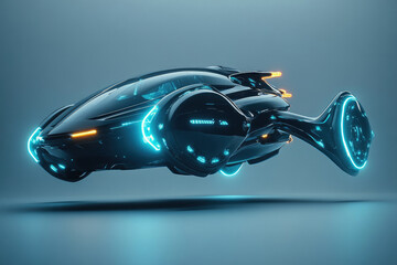 Futuristic flying car concept, sleek black design with neon blue accents, hovering above ground.