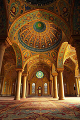 A view of the interior of a large building with a dome and stained glass windows