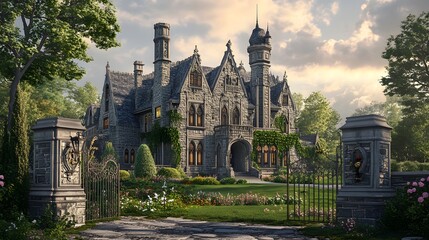 Obraz premium Gothic Castle Surrounded by Colorful Flowers