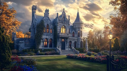 Obraz premium Gothic Castle Surrounded by Floral Landscape