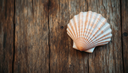  A white scallop shell rests on a weathered wooden surface, its intricate patterns contrasting with the rough texture of the wood.