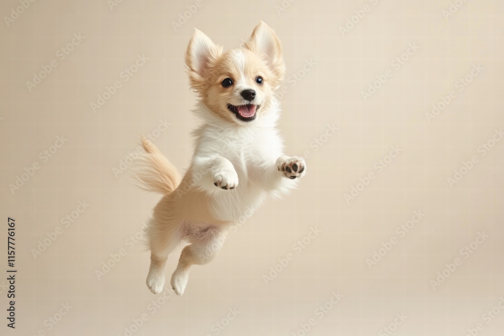 Aufkleber Joyful puppy leaps in mid air with excitement, creating a playful and energetic atmosphere in a serene setting. Generative AI