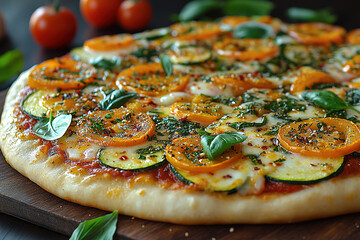 Freshly baked vegetable pizza with vibrant orange tomatoes and green basil on a wooden board