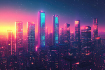 Fototapeta premium A vibrant futuristic cityscape at sunset, glowing with neon lights and a starry sky.
