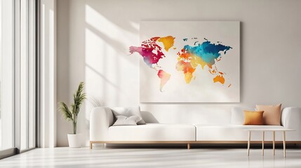 Vibrant Watercolor World Map Canvas Art in Modern Living Room. AI Generated