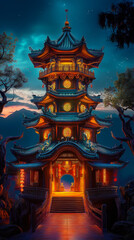 Obraz premium Illuminated Chinese Temple under Starry Night Sky with Glowing Lanterns and Traditional Architecture