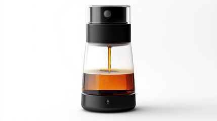 Glass oil sprayer with black top dispensing amber liquid.