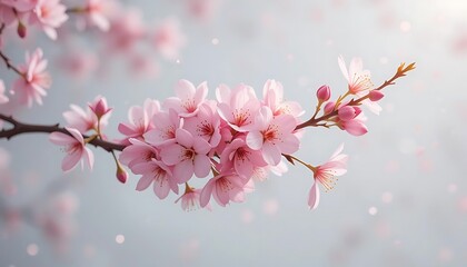 Delicate Pink Cherry Blossom Branch on Soft White Background - Spring Beauty and Renewal