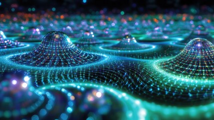 Exploring the vibrant landscape of quantum computation through intricate fractal patterns and glowing qubits in a digital realm