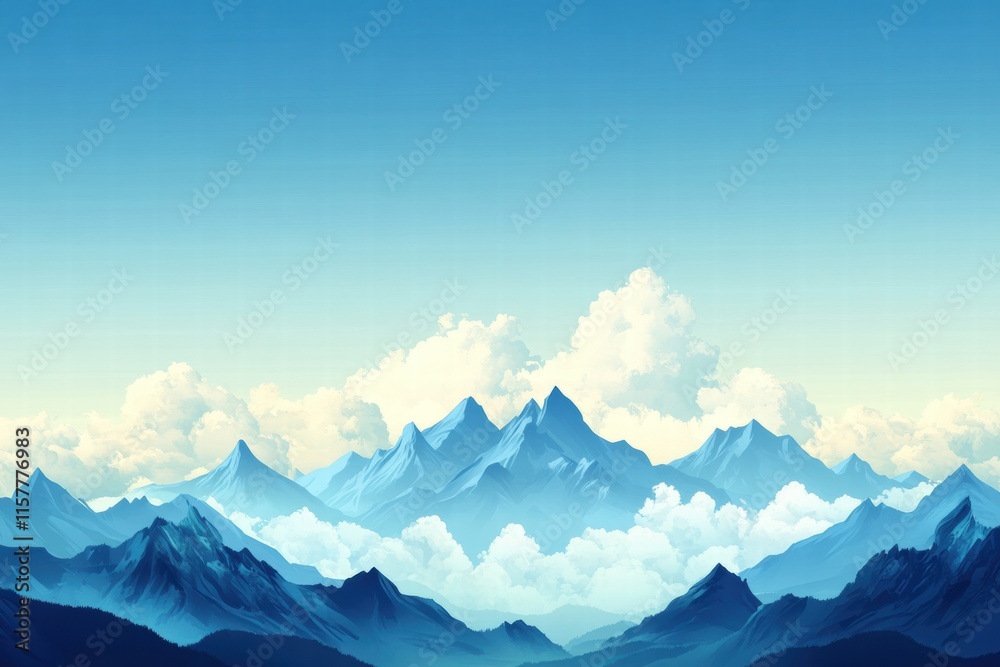 Aufkleber Majestic mountain peaks under a clear blue sky with clouds creating a serene atmosphere and ample space for text placement. Generative AI