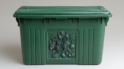 Green plastic storage container with embossed fruit design.