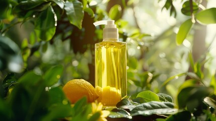 Jojoba. Ayurveda. A refreshing and natural image of a golden shampoo bottle surrounded by green leaves and a ripe lemon, illuminated by soft sunlight, symbolizing organic beauty and skincare.