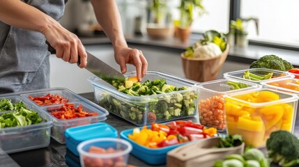 Vibrant meal prep station featuring fresh produce and healthy food containers with natural light illuminating the workspace