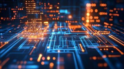 Abstract digital city lights and circuit board.